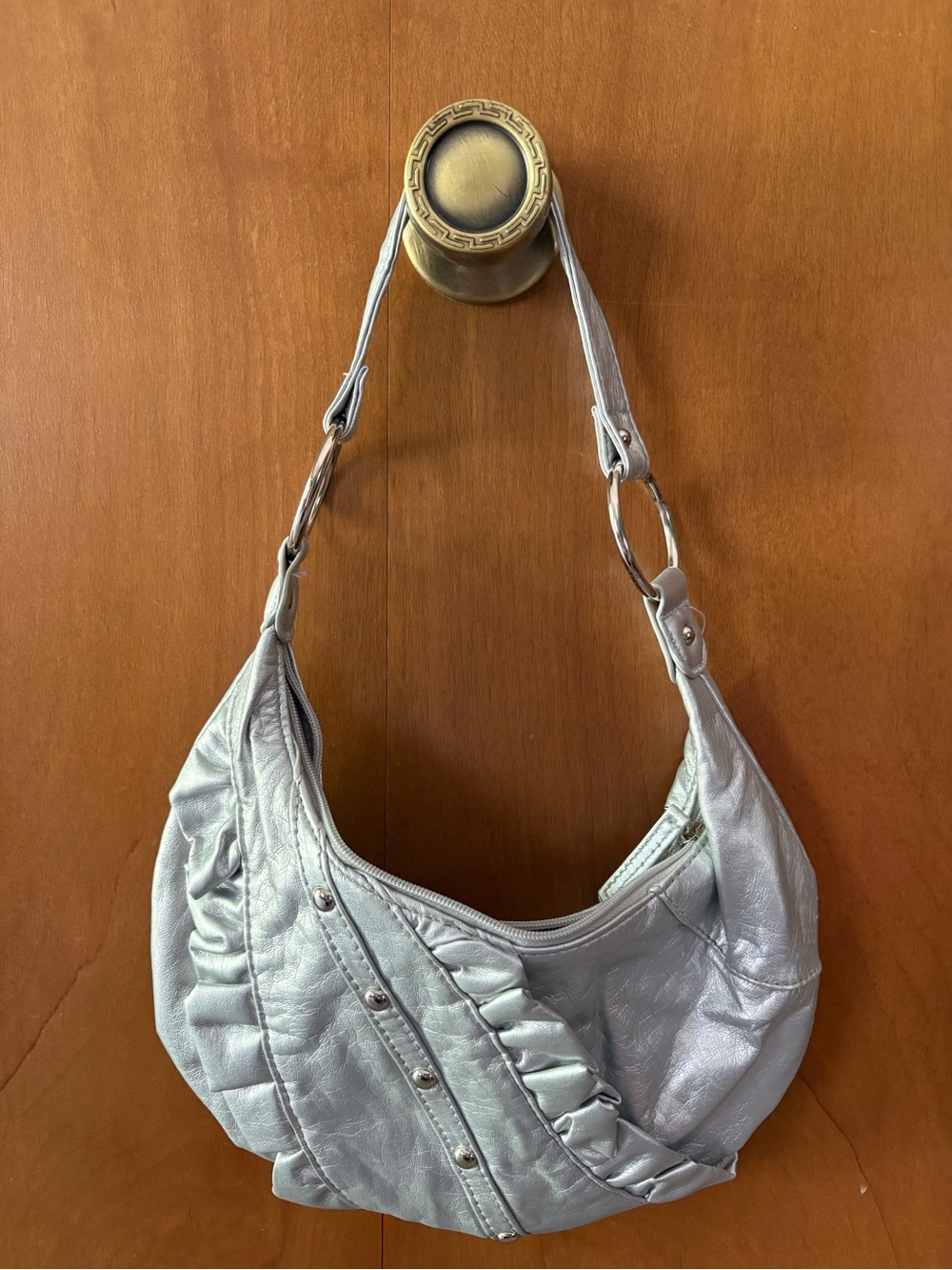 Women’s Silver Hobo Shoulder Bag - Elegant Ruffled Detail